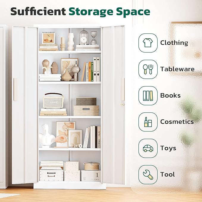 Greenvelly Metal Cabinet, 63”Tall Kitchen Pantry Storage Cabinets with 2 Lock Doors and 4 Adjustable Shelves,White Kitchen Cabinet Storage for Dinning Room,Garage,Office