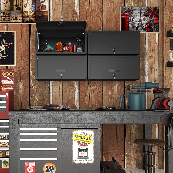 BIZOEIRON Garage Wall Cabinet with Flip-Up Door, Lockable Metal Storage Cabinet Wall Mounted, Hanging Tool Cabinet for Garage Basement Utility Room, Black