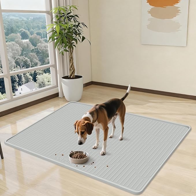 Silicone Cat & Dog Food Mat, 34" x 20" Large Pet Feeding Mat for Cats and Dogs Bowl, Pet Placemat for Food and Water with Raised Edge, Waterproof, Leakproof (Grey)