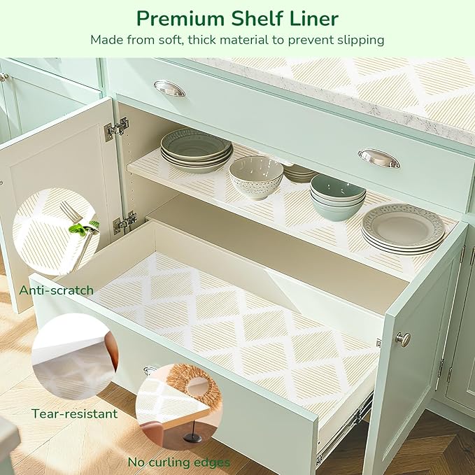 Drawer and Shelf Liner for Kitchen, Non-Slip Non-Adhesive Cabinet Liners for Cupboard, Dresser, Shelves, Tool Box, Pantry, Thickened Easy Install, Strong Grip, Yellow&White, 17.5in x 10FT