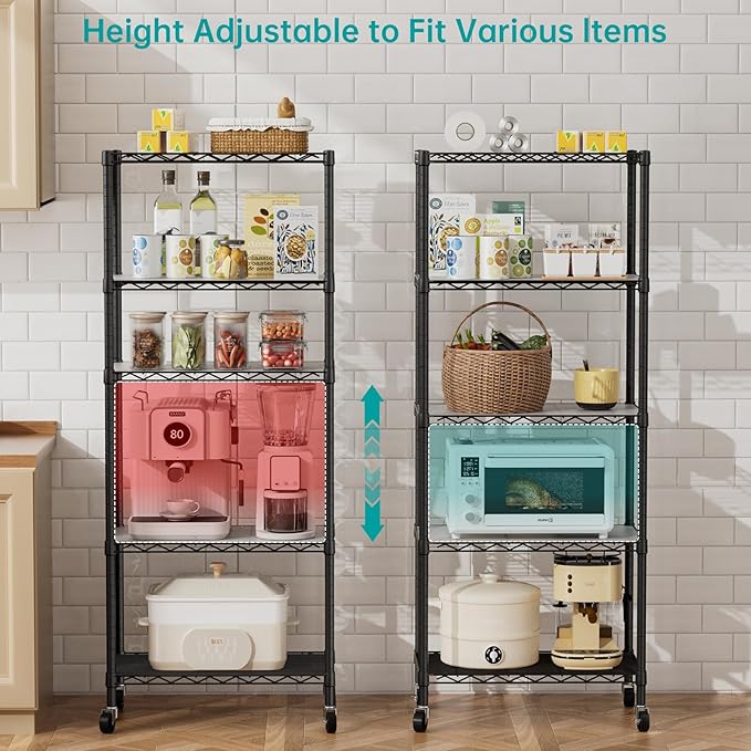 SINGAYE 5 Shelf Storage Wire Shelves Closet Bathroom Organizers Metal Pantry Kitchen Garage Shelving Unit Laundry Room Organization Home Narrow Rack Net Basket with Wheels White