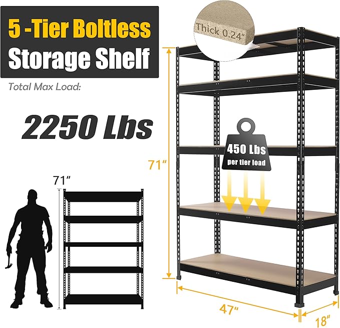 PrimeZone 10 Pack Heavy Duty Storage Shelves - 47"W x 18"D x 71"H 5 Tier Adjustable Garage Storage Shelving, Metal Utility Rack Organizer Shelf Unit for Warehouse Pantry Closet Kitchen Basement, Black