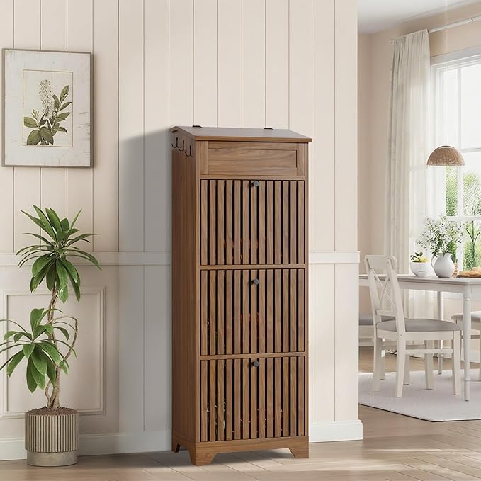 4 Tier Potato and Onion Storage Bins Box, Mid Century Modern Tall Large Fruit and Vegetable Basket Storage, Walnut Kitchen Pantry Cabinet for Snack, Wooden Bread Storage, Magnetic Flip-top