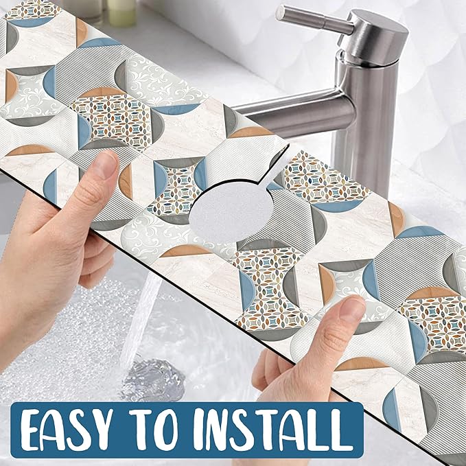 Ceramic Wall Tiles Kitchen Sink Splash Guard Faucet Mat Moroccan Graphics Super Absorbent Fast Drying Mat Sink Splash Guard Behind Faucet for Kitchen Bathroom, 23.5"x5.5"