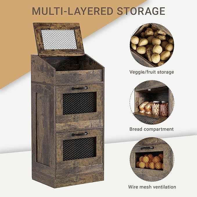 Potato Storage Bin with Lid, Rustic Wooden Onion Storage Bin, Bread Box for Kitchen, Kitchen Decorative Vegetable Storage Cabinet, Rustic Brown HPC001SR