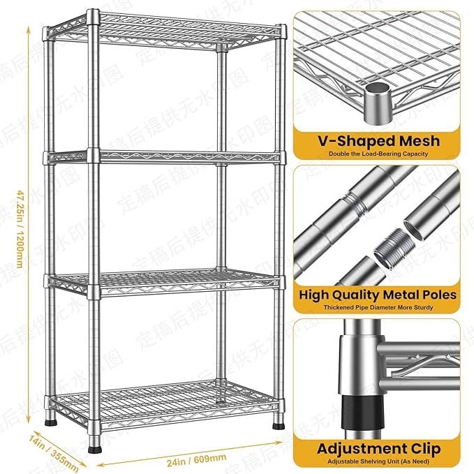 4- Shelf Metal Wire Shelving Unit Adjustable Metal Shelving Sturdy Steel Commercial Garage Storage Shelf organize Rack Units Heavy Duty 2200 LBS,for Laundry Bathroom Organization Kitchen Closet