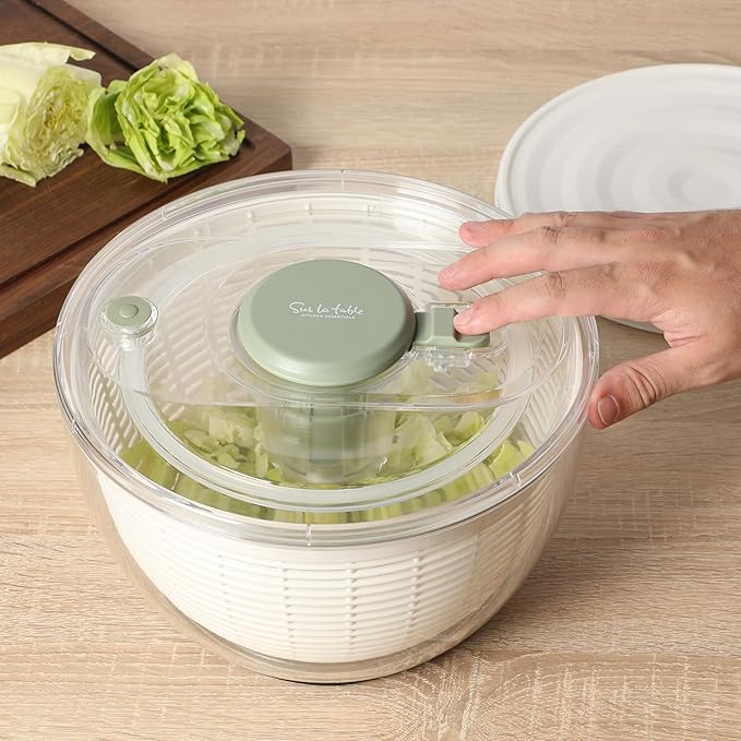 Sur La Table Kitchen Essential 6.3 Qt Salad Spinner, Fruit Wahser, Fruit Washing Bowl with Strainer, Vegertable Cleaner, Salad Cleaner, Lettuce Washer - Juniper Green