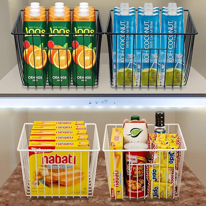 SANNO Freezer Storage Baskets, Pantry Storage Wire Basket Organizer Bins Refrigerator Bin with Built-in Handles for Cabinets, Pantry, Closets, Bedrooms - Set of 4 Black, Black,11"x 10"