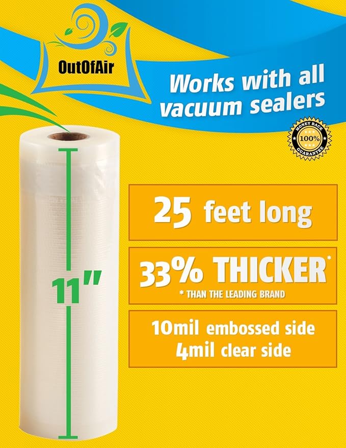 OutOfAir Vacuum Sealer Rolls - 11” x 25’ (4 Pack, 100ft) - Heavy-Duty, 33% Thicker, BPA-Free, Works with FoodSaver, Weston, Anova & More - Food Storage, Sous Vide, Freezer, Microwave & Boil Safe