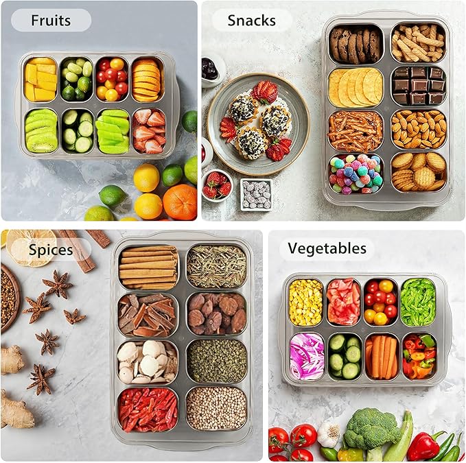 Snackle Box Container, Stainless Steel Divided Serving Tray with Lid and Handle, 8 Compartment Portable Snack Platters - Clear Storage Organizer for Fruit Candy Nuts Veggie - Perfect for Travel Party