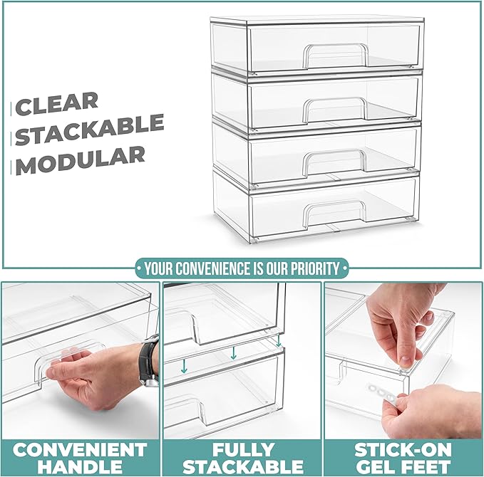 Sorbus Wide Stackable Acrylic Storage Drawers, 8 Pack Clear Plastic Organizer Bins for Baby Bottles, Makeup, Bathroom, Vanity & Countertop Organization, Pull-Out Drawer Design for Cabinets & Pantry