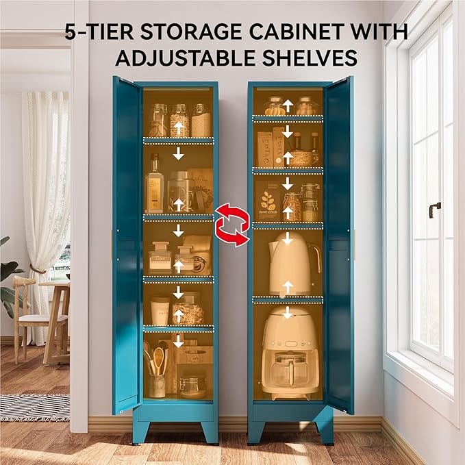 YNIQUESTLE 67" Tall Storage Cabinet with Reversible Doors and Adjustable Shelves,Metal Slim Freestanding Cabinets for Bathroom Kitchen Garage Small Spaces,Blue,5-Tier