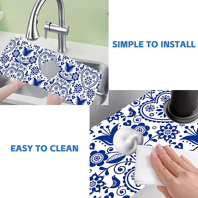 Vintage Bird Heart Floral Dish Drying Mat for Kitchen Sink Navy Blue Sink Splash Guard Faucet Mat Draining Mat Fast Drying Sink Protectors for Kitchen and Bathroom 5.5"×15"