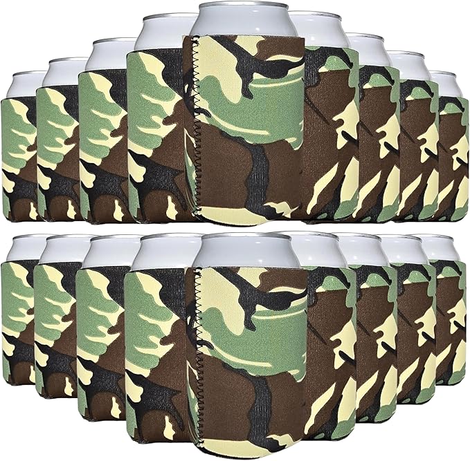 TahoeBay Neoprene Can Cooler Sleeves (50-Pack) Bulk Blank Sublimation Blanks for Vinyl Regular Size Plain Beer Coolers for Soda Cans & Bottles Black, White, Solid Color Set (Woodland Camo)