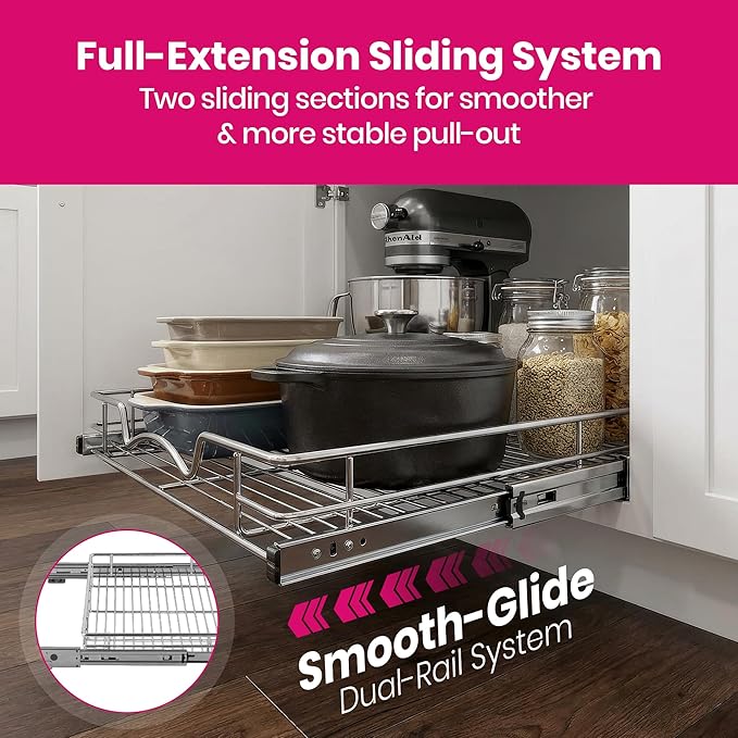HOLDN’ STORAGE Pull Out Cabinet Organizer - Heavy Duty Steel with Smooth Slide-Out Drawers, Chrome Finish - 14" W x 17" D Basket, Fits 15.25" Cabinet Opening