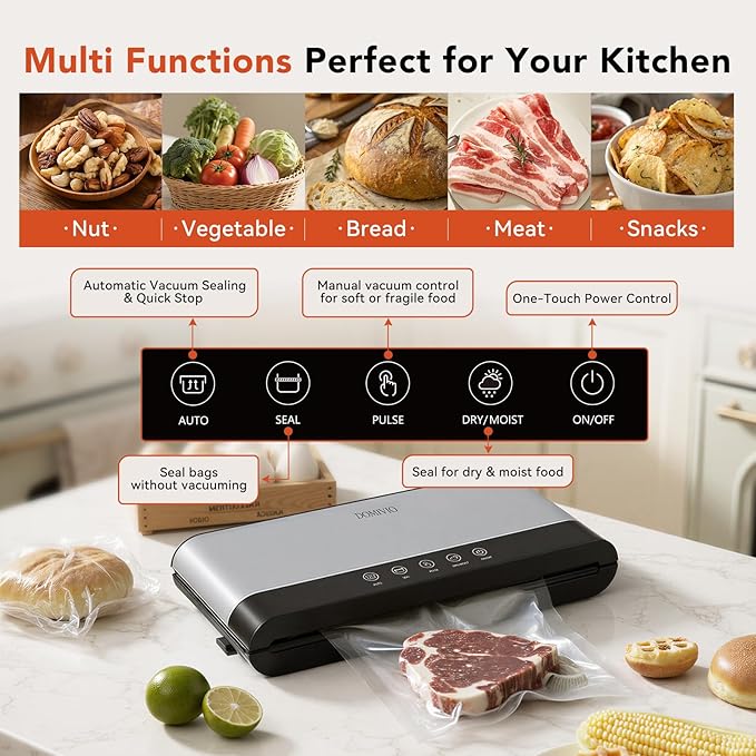 Vacuum Sealer Machine for Food, 85kPa Strong Suction Food Saver with LED Touch Panel, Dry & Moist Modes, Quick & Easy Vacuum Sealer for Food Storage & Meal Prep, Includes 20 BPA-Free Bags