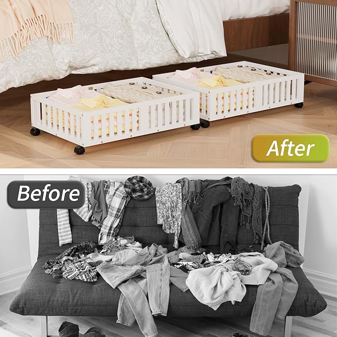 Bamboo Under Bed Storage with Wheels,Rolling Underbed Shoe Organizer Box for Shoes,Blankets,Toys,Clothes Container Space-Saving Bins for Bedroom,Closet,Dorm,Nursery