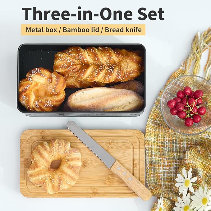 Furshus Bread Box for Kitchen Countertop,Metal Bread Storage Bin with Bamboo Cutting Board Lid, Includes Bread Knife, Fits Sourdough & Buns, Stylish Organize (Black)