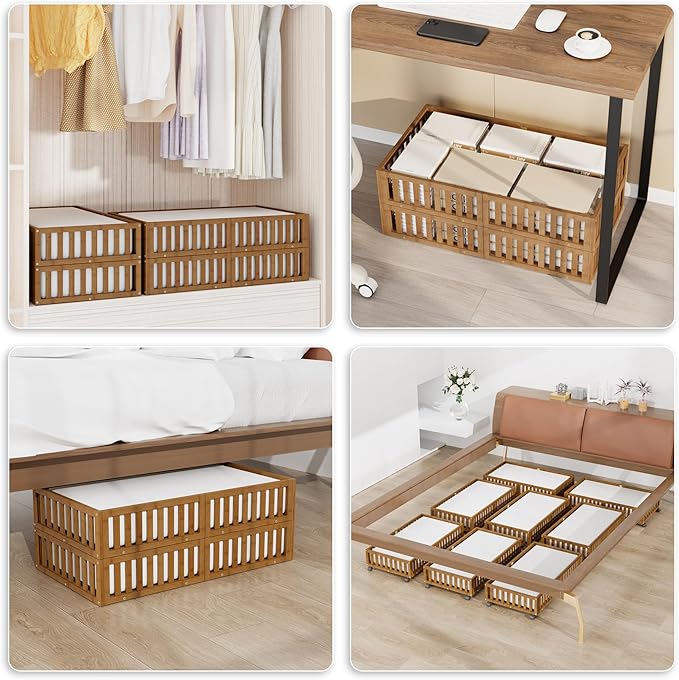 Bamboo Under Bed Storage with Wheels,Rolling Underbed Shoe Organizer Box for Shoes,Blankets,Toys,Clothes Container Space-Saving Bins for Bedroom,Closet,Dorm,Nursery