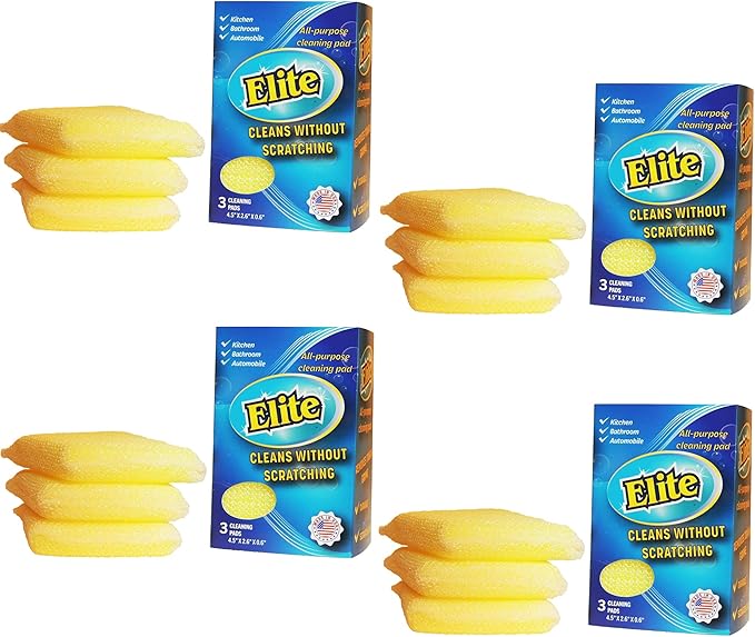 Elite All Purpose Cleaning Pad, 12 Pads (4x3pack), Non Scratch, Dish Sponge, Scrubber, Sponges for Kitchen and Household Use, Made in USA
