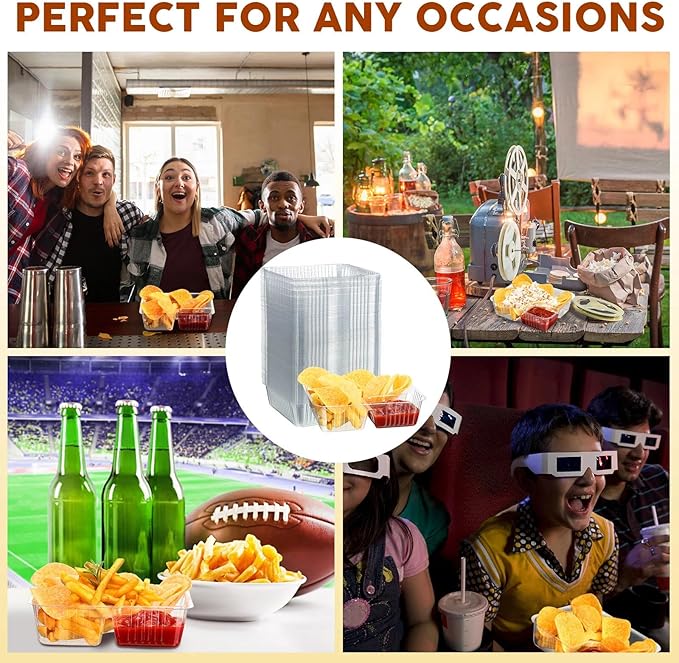 Vesici 500 Pcs 12oz Nacho Trays Disposable 2 Compartment Food Snack Tray Concession Stand Supplies Movie Night Clear Plastic Cheese Dip and Chip Holder for Candy School