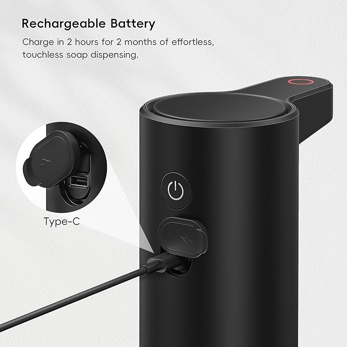 EKO Aroma 9 fl oz Automatic Liquid Soap Dispenser, Rechargeable & Water-Resistant Soap Dispenser for Kitchen and Bathroom with Adjustable Volume Control (Matte Black Steel)