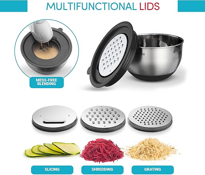 Mixing Bowls with Airtight Lids - 8PCS Stainless Steel Nesting Mixing Bowls Set with 3 Grater Attachments & Non-Slip Bottoms, Kitchen Bowls, Sizes 5, 4, 3.5, 2, 1.5QT for Baking & Food Prep (Black)