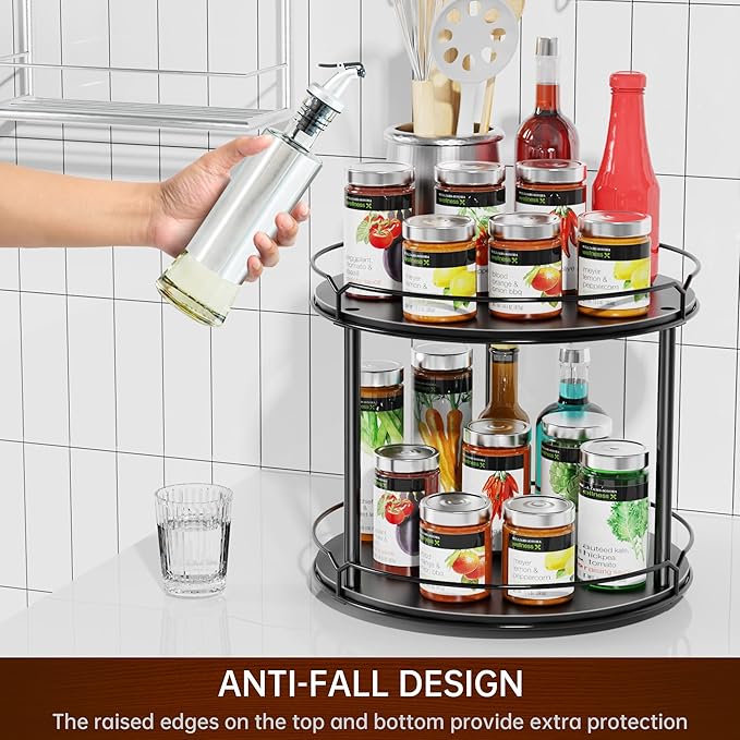 MUTUALUS Lazy Susan Organizer 2 Tier - 12.4" Turntable Spice Rack for Table Top, Wooden Rotating Lazy Susan for Cabinet Pantry Kitchen Countertop Dining Table Cupboard Bathroom Vanity Storage(Black)