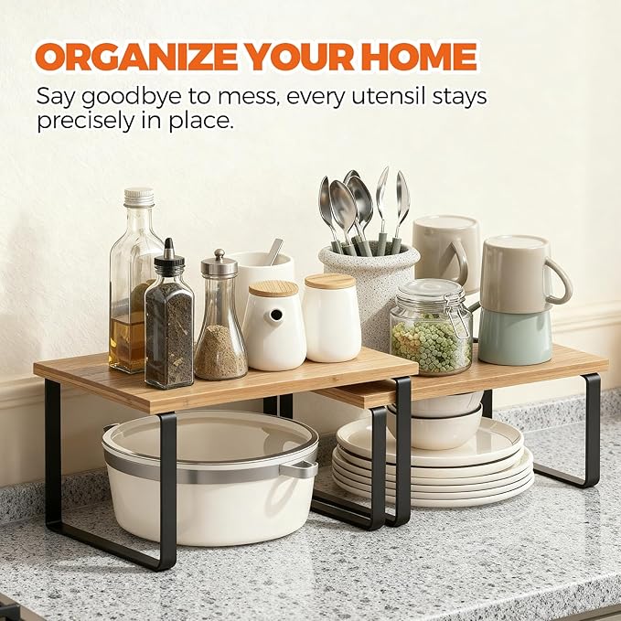 HYASTO Cabinet Organizer Shelf - 4 Pack Wood Kitchen Organizer, Upgraded Cabinet Organizer Shelf for Kitchen Storage, Countertop, Spice Rack, Stackable, Expandable, Ink Black and Natural Beig