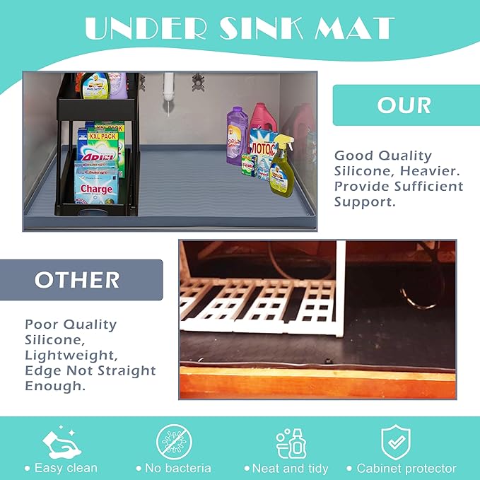 URMONA Waterproof Silicone Under Sink Mat 34'' x 22'' Shelf Liner for Kitchen and Bathroom, Cabinet and Counter Protector, Storage and Organizers, Litter Mat, Pet Cat Puppy Essentials(Brown)