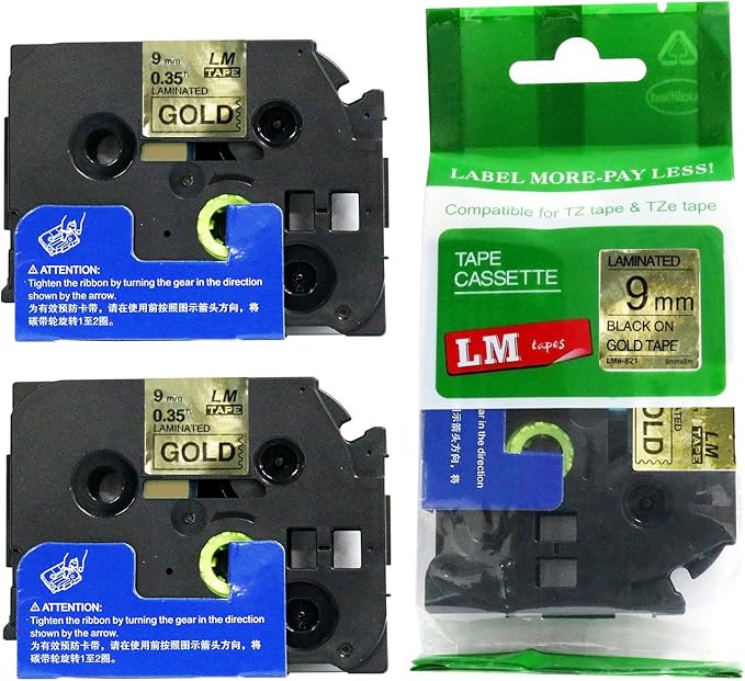 2/Pack LM Tapes - LMe821 Premium 3/8" Black Print on Gold Label Compatible with P-Touch TZe821 Tape and Includes Tape Color/Size Guide. Replaces Ptouch TZ821 9mm 0.35 Laminated.