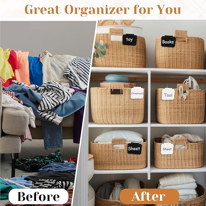 50 Pcs Basket Labels Clip on with 4 Black Chalk Markers Reusable Plastic Storage Bin Erasable Labels Kitchen Pantry PVC Tag Stickers for Fabric Cubes Basket Box Organization (White and Black)