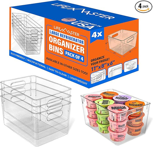 Lifemaster Stackable Refrigerator Bins - Set of 4 Large Capacity Organizers with Easy Grip Handles - Clear and Versatile for Kitchen Storage