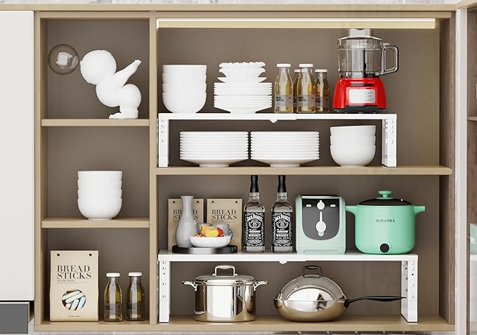 Jojocross Expandable Stackable Spice Rack Organizer for Kitchen Cabinet,Adjustable Counter Shelf, countertop, Pantry,Cupboard,Bathroom,Bedroom(3Packs/White/Large)