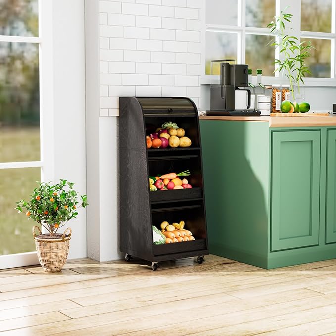 Movable Onion and Potato Storage Bin Box, Black Potato Bins with Wheels and Sliding Door, Farmhouse Fruit and Vegetable Basket Storage, Small Food Kitchen Pantry Cabinet, Wooden Bread Box, Flip-top