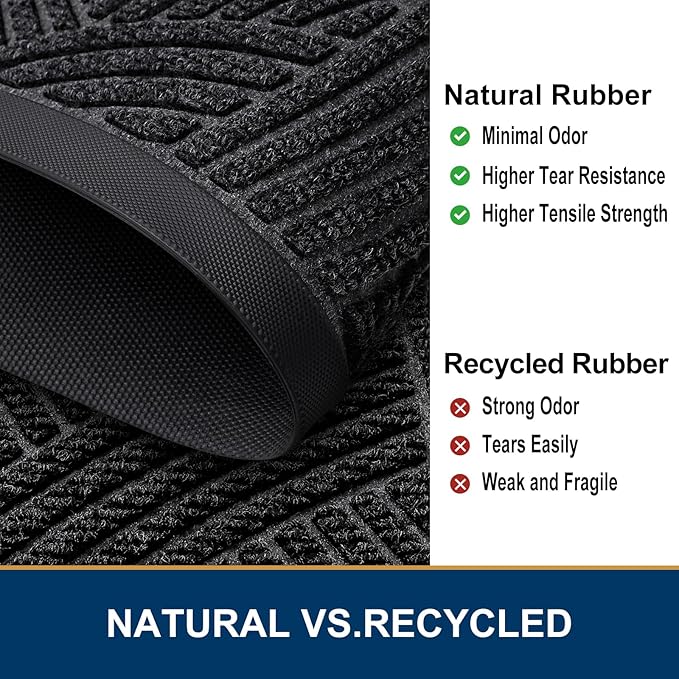 Smiry Front Door Mat Outside Entrance, Heavy Duty Sturdy Natural Rubber Doormat, Trap Dirt and Moisture, Easy Clean Low Profile Mats for Indoor Outdoor Entry, Interwoven Stripes 35x23, Black