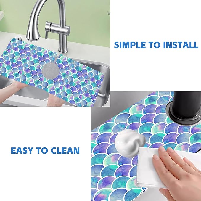 Watercolor Rainbow Scales Sink Faucet Absorbing Mat Sink Splash Guard Faucet Mat Draining Mat Fast Drying Sink Protectors for Kitchen and Bathroom 5.5"×15"