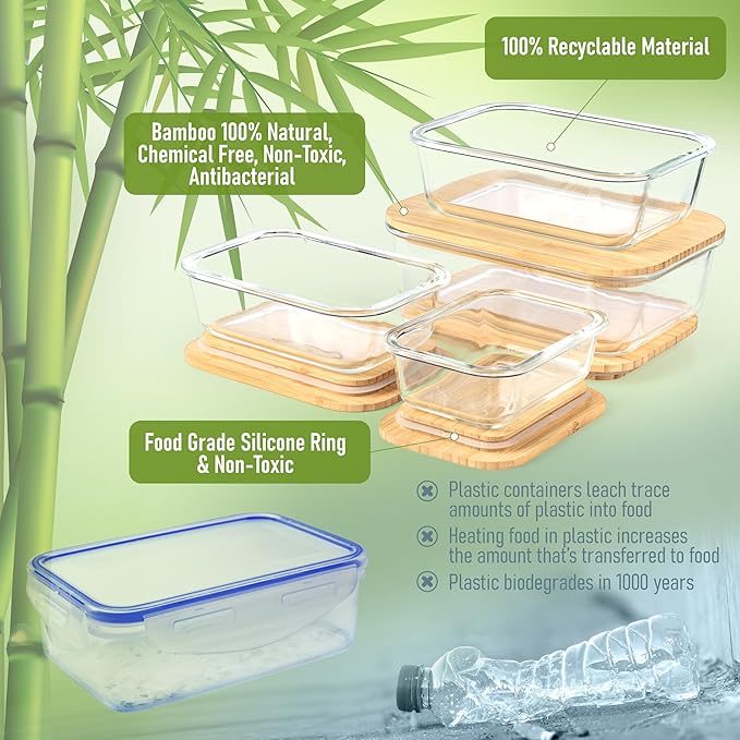 dokaworld Set of 4 Stackable Space-Saving Nesting Glass Containers with Airtight Bamboo Lids - Lunch, Meal & Food Prep - Microwave & Oven Safe BPA Free Durable Heat Resistant Inert Borosilicate Glass