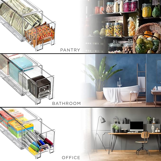 Sorbus Plastic Storage Bins Stackable Clear Pantry Organizer Box Bin for Organizing Kitchen Fridge, Food, Snack Pantry, Fruit, Vegetables, Bathroom, Wide & Narrow Deep (4 Pack)