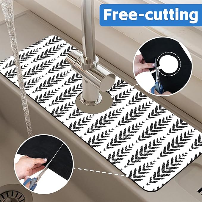 Bohemian Ethnic Herringbone Dish Drying Mat for Kitchen Sink Splash Guard Behind Faucet Sink Mat Absorbent Fast Drying Faucet Draining Mat for Bathroom Kitchen 5.5"×15"