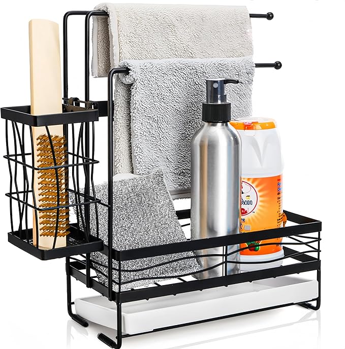 Kitchen Sink Caddy with 3 Dishcloth Drying Racks, Sponge Holder Rag Stand with Drain Pan, Metal Sink Storage Organizer with Removal Basket for Brush, Towel, Scrubber, Dish Rag, Black