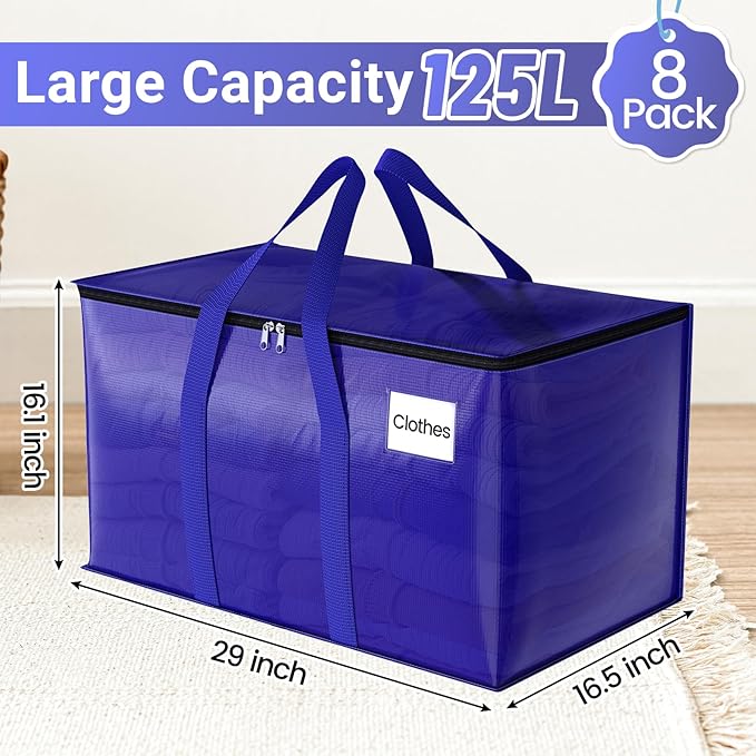 Moving Storage Bags, Moving Supplies Packing Boxes for Moving, Camping, College Dorm Room Essentials for Girls, Blue Tote Bags, Heavy-Duty Storage Bins With Lids And Zippers, 125L 8Pack