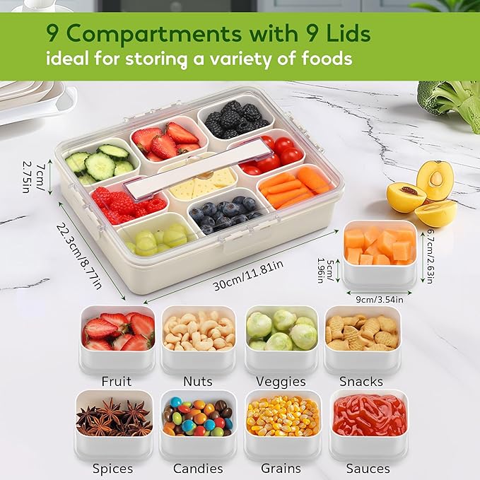 Snackle Box Container for Adults with 9 Compartment, Divided Serving Tray Snack Box Containers with Lid and Handle, Charcuterie Boxes Portable Snack Platter for Fruit Veggie Party Travel, White