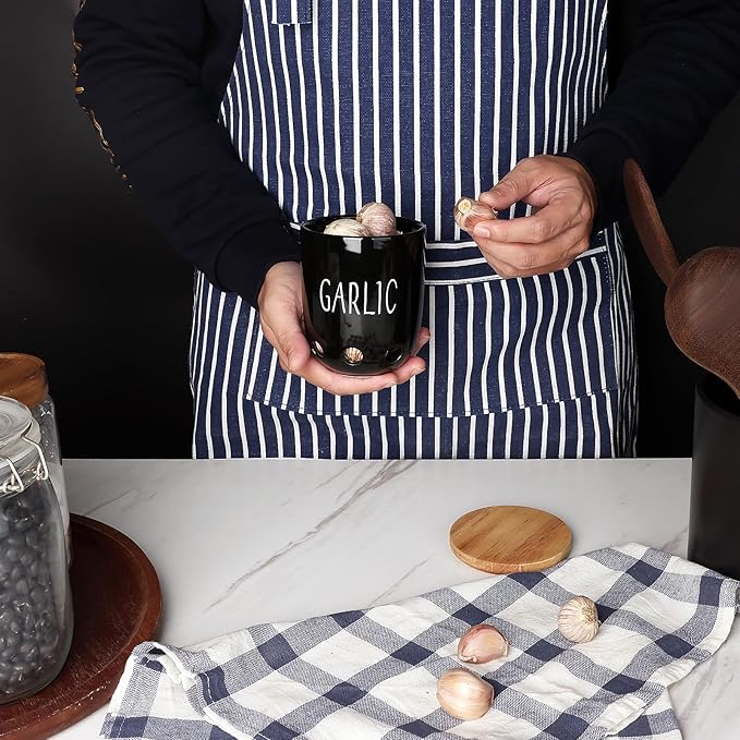 HAOTOP Ceramic Garlic Keeper for Counter, Garlic Saver Container with Wood Lid, Garlic Keeper for Kitchen, Garlic Holder to Keep Your Garlic Cloves Fresh Longer (Black)