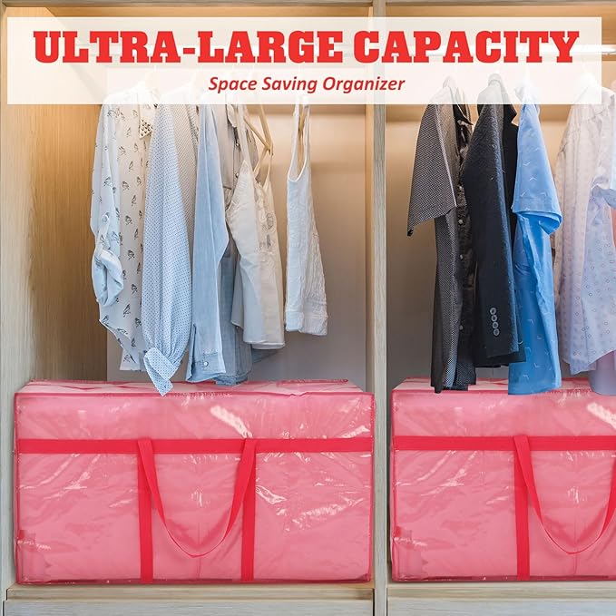 4 Pcs 66 Gallon Extra Large Moving Bags Heavy Duty Storage Bag with Strong Zipper Handle Foldable XXL Jumbo Storage Tote Packing Moving Box for College Dorm Travel Cloth Duffle (Jelly Pink)