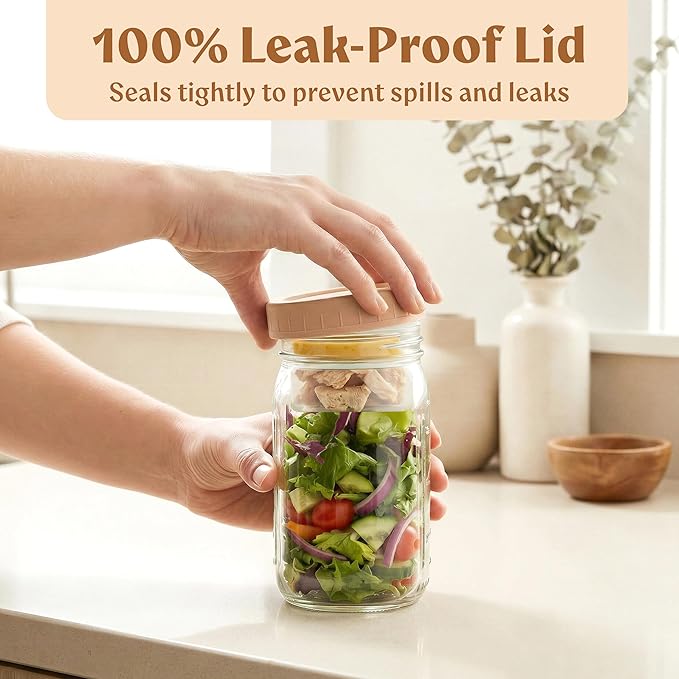 4 Pack Glass Salad Jars with Lids for Meal Prep, Leakproof Container with Two Small Built in Cups for Wet/Dry Separation for Salad Dressing and Ingredients, 32oz Mason Jars (Brown/Beige)