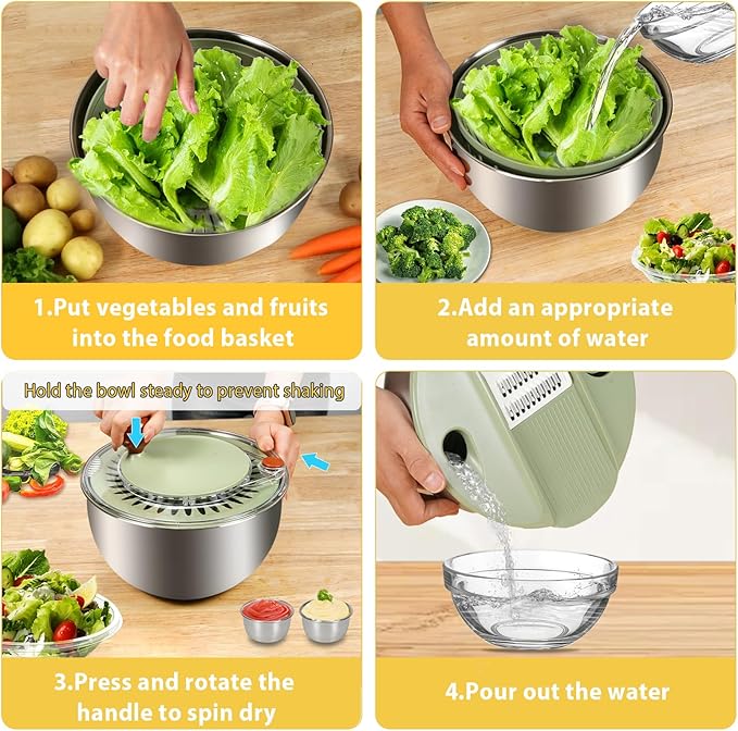 SODPE Stainless Steel Salad Spinner Large with 5 Blades Slicer, Lettuce Washer Spinner and Dryer, Vegetable Fruits Chopper Bowl, Egg Yolk Strainer Comes with Dipping Saucers and Clip, 5.3Qt