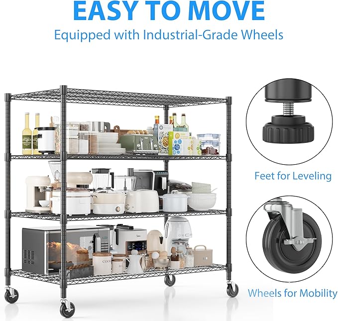 Homdox Heavy Duty Metal Shelves for Storage, 4 Tier Storage Racks and Shelving, Commercial Adjustable Wire Shelving Unit on Wheels, Garage Rack Pantry Shelves Kitchen Shelving, 24"x48"x72", Black