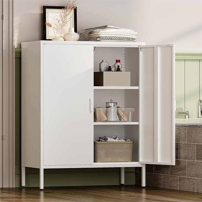 YAUWOH Metal Cabinet with 2 Doors and 4 Shelves，39.96" Tall Steel Office Cabinet,Bathroom Floor Locker，for Office,Home,Garage,Gym,School (White)