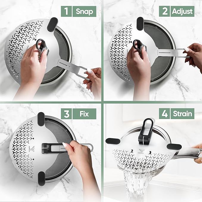 Kitchen Strainer & Pot Drainer Clip-On Stainless Steel Colander for Pots & Pans (6.3-9.8 in / 16-24 cm) | Universal Fit Pasta & Noodle Strainer | Hands-Free Swiss Design, Dishwasher-Safe